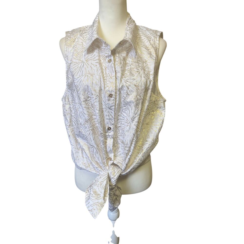 Michael Kors white with gold palm design tie front button up womens xl top